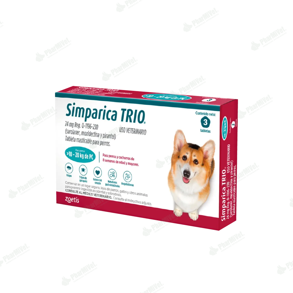 SIMPARICA TRIO 24 MG DE 10 - 20 KG X 3 TAB